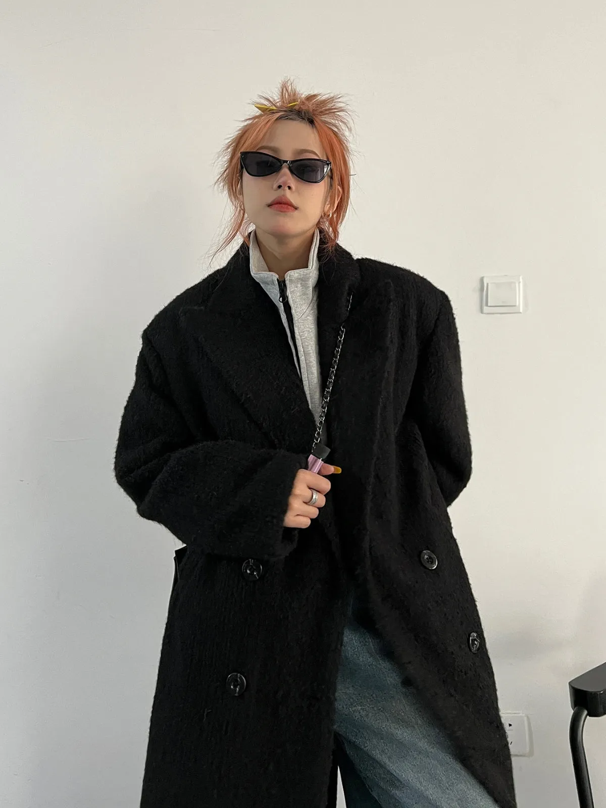 WLS Hepburn Black Loose Woolen Furry Coat