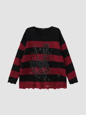 WLS Knitted Striped Holes Loose Sweater Top