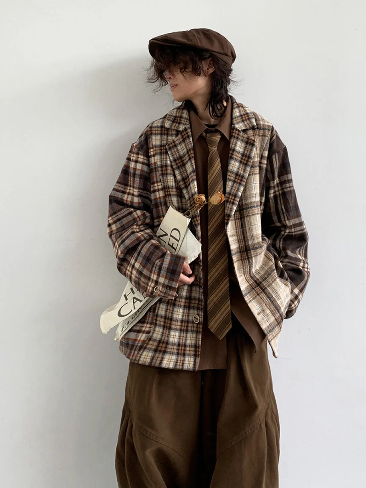 WLS Retro Plaid Loose Stitching Jacket