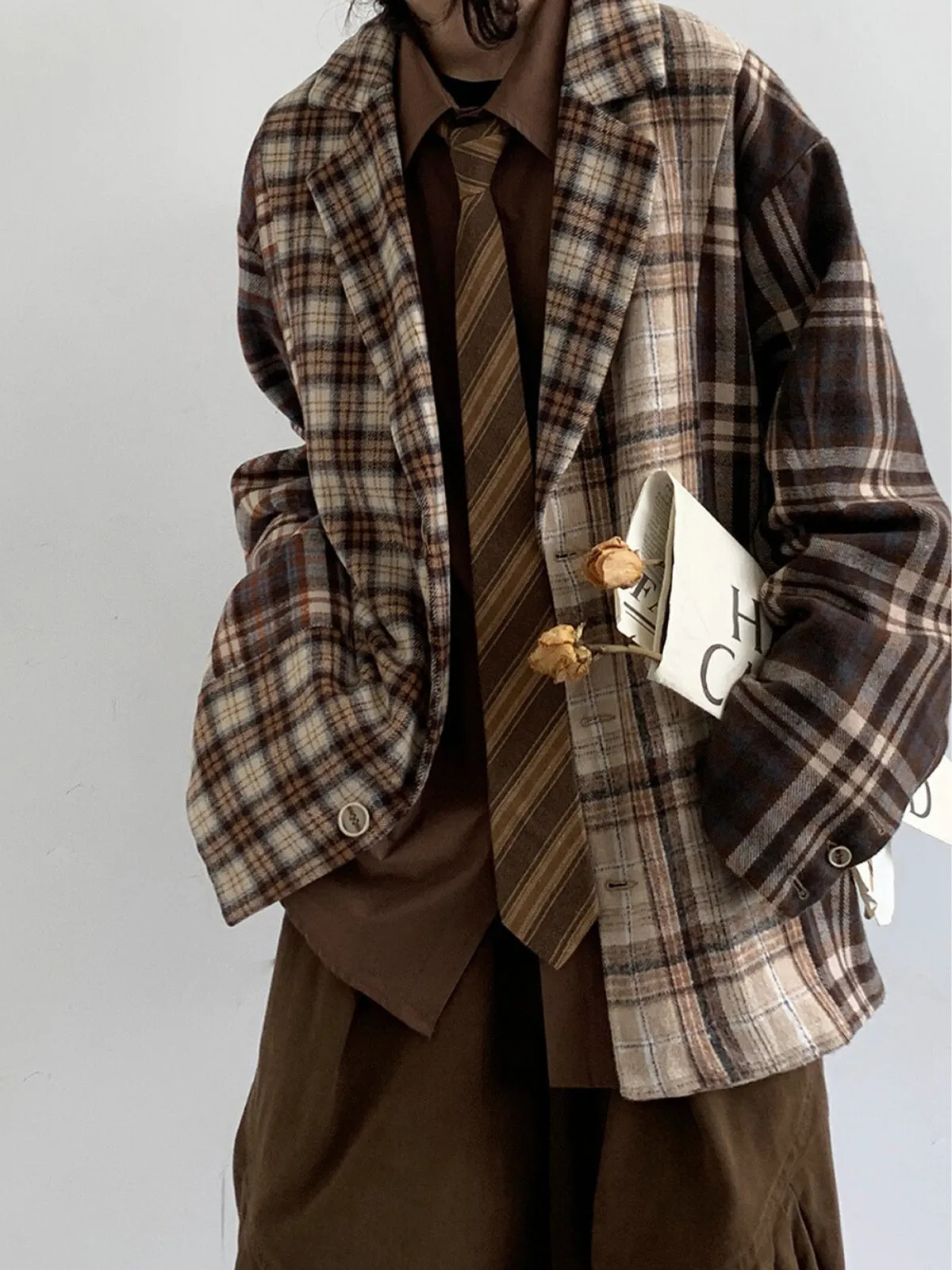 WLS Retro Plaid Loose Stitching Jacket