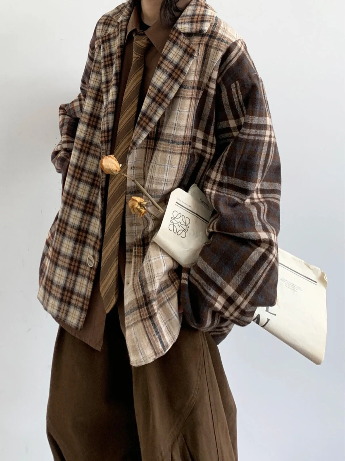 WLS Retro Plaid Loose Stitching Jacket