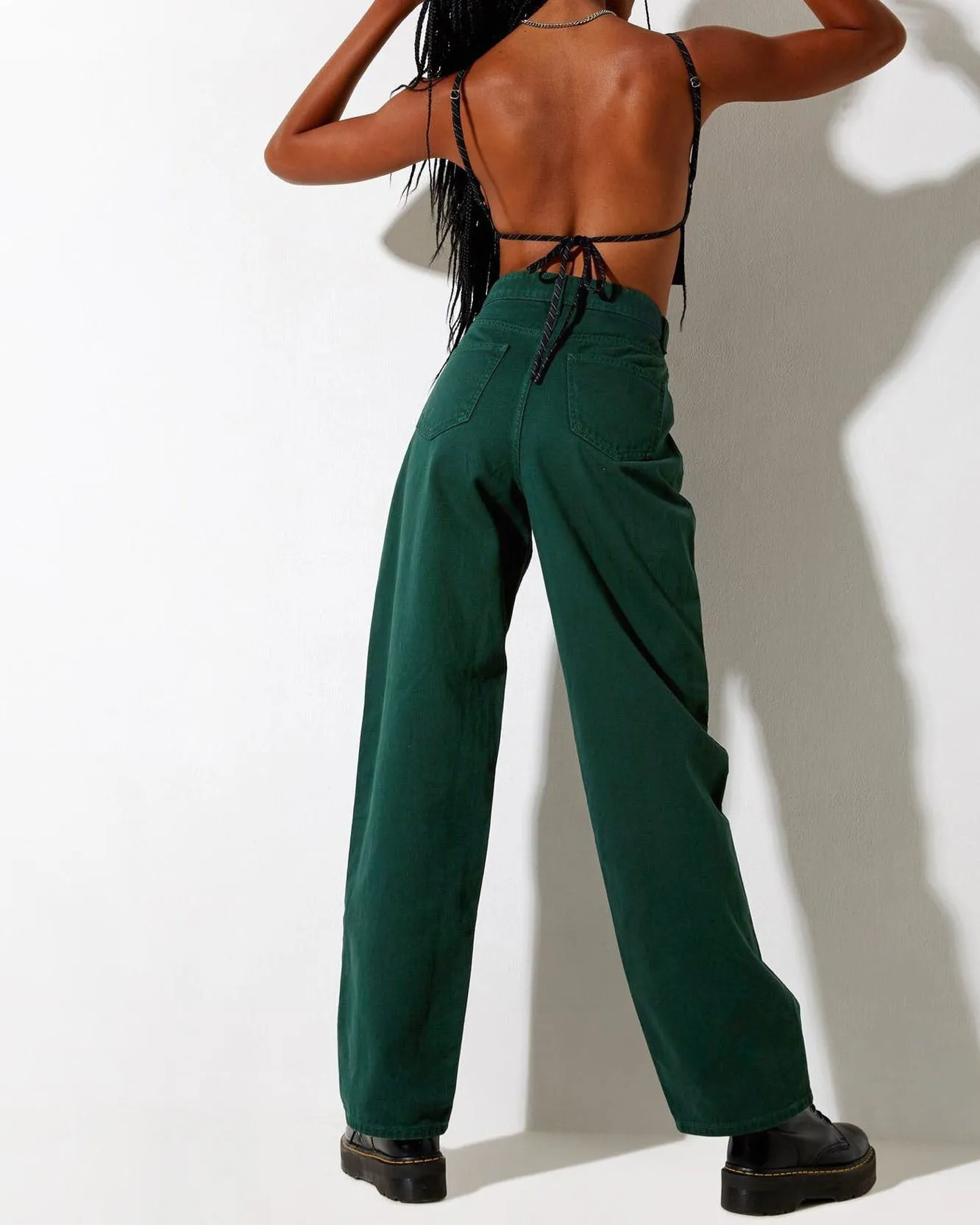 Women Clothing High Waist Loose Straight Cool Emerald Color Denim Trousers Draping sexy Sneakers Pants Dark Green