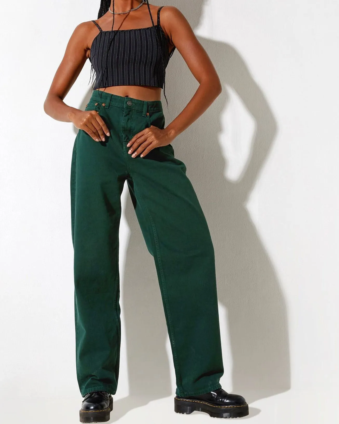 Women Clothing High Waist Loose Straight Cool Emerald Color Denim Trousers Draping sexy Sneakers Pants Dark Green