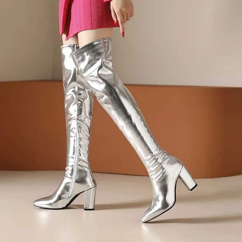 Women Metallic Over The Knee Boots High Pointed Toe Thick Heels Dress Zipper Boots