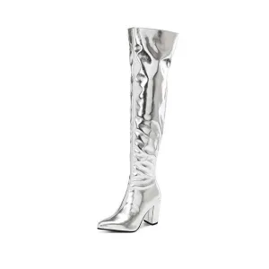 Women Metallic Over The Knee Boots High Pointed Toe Thick Heels Dress Zipper Boots