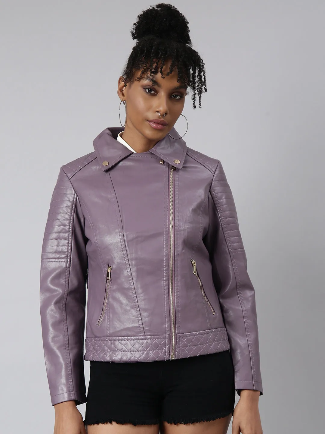 Women Solid Lavender Biker Jacket