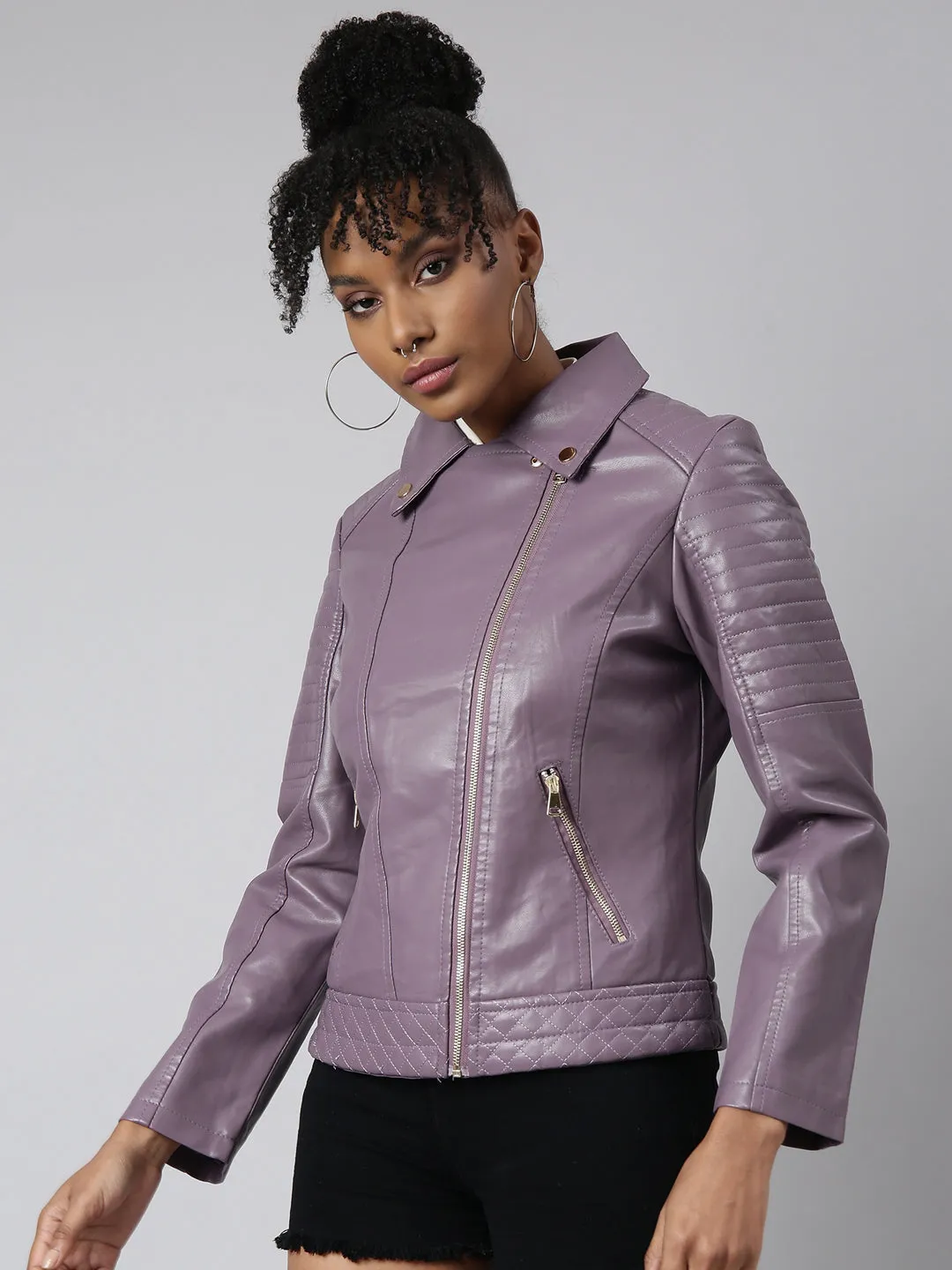 Women Solid Lavender Biker Jacket