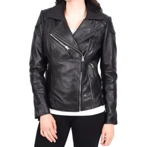 Womens Leather Biker Jacket Cross Zip Style Mona Black