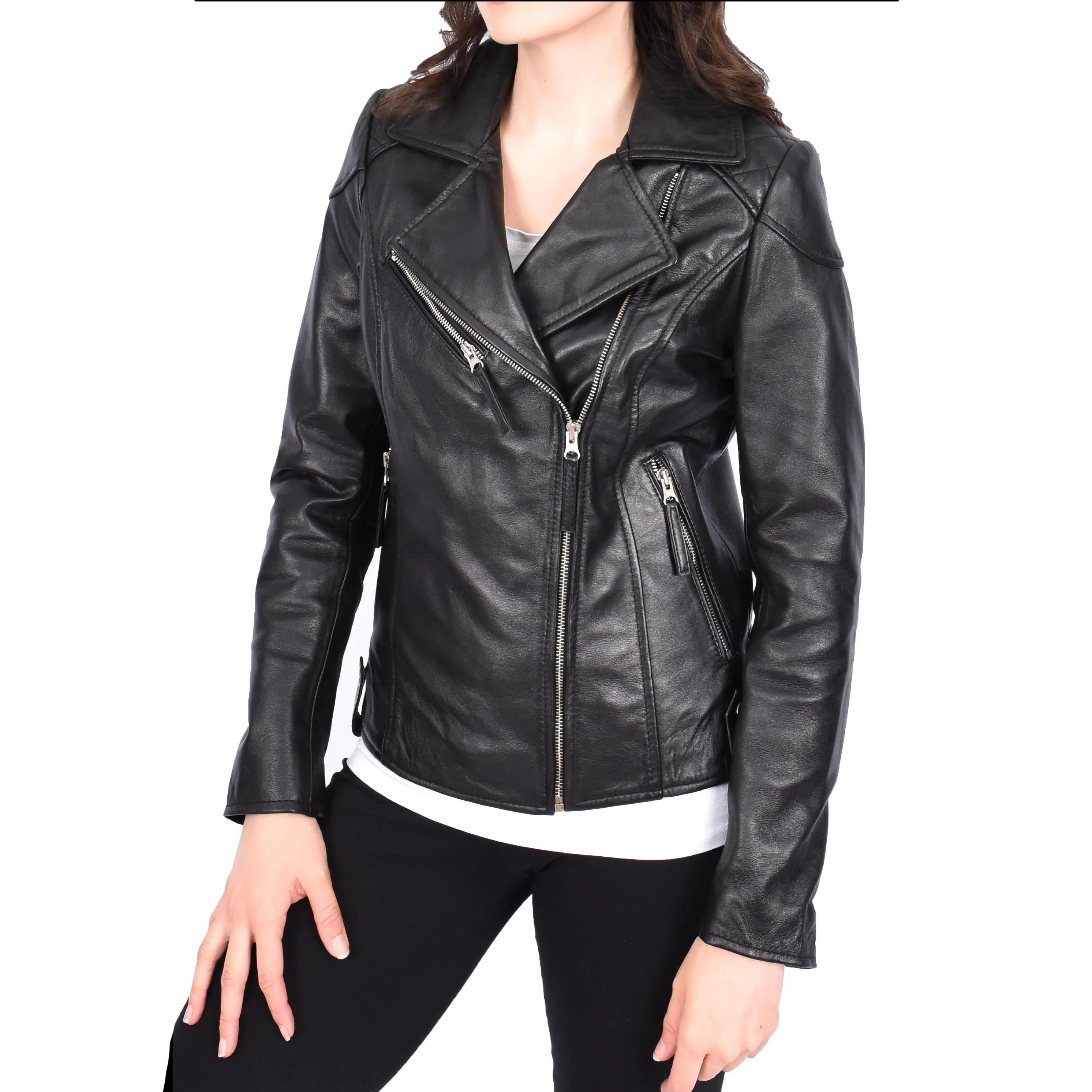 Womens Leather Biker Jacket Cross Zip Style Mona Black