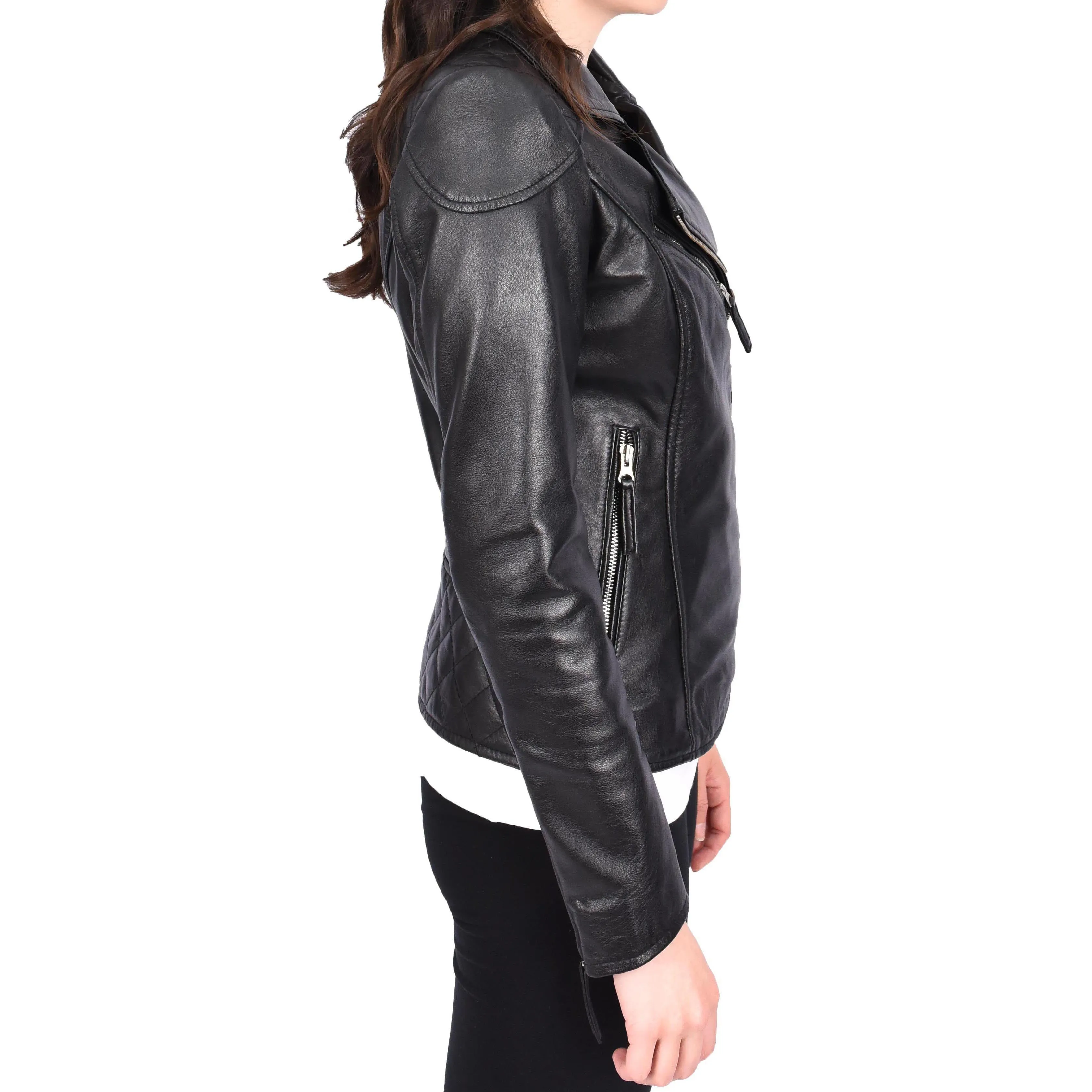 Womens Leather Biker Jacket Cross Zip Style Mona Black