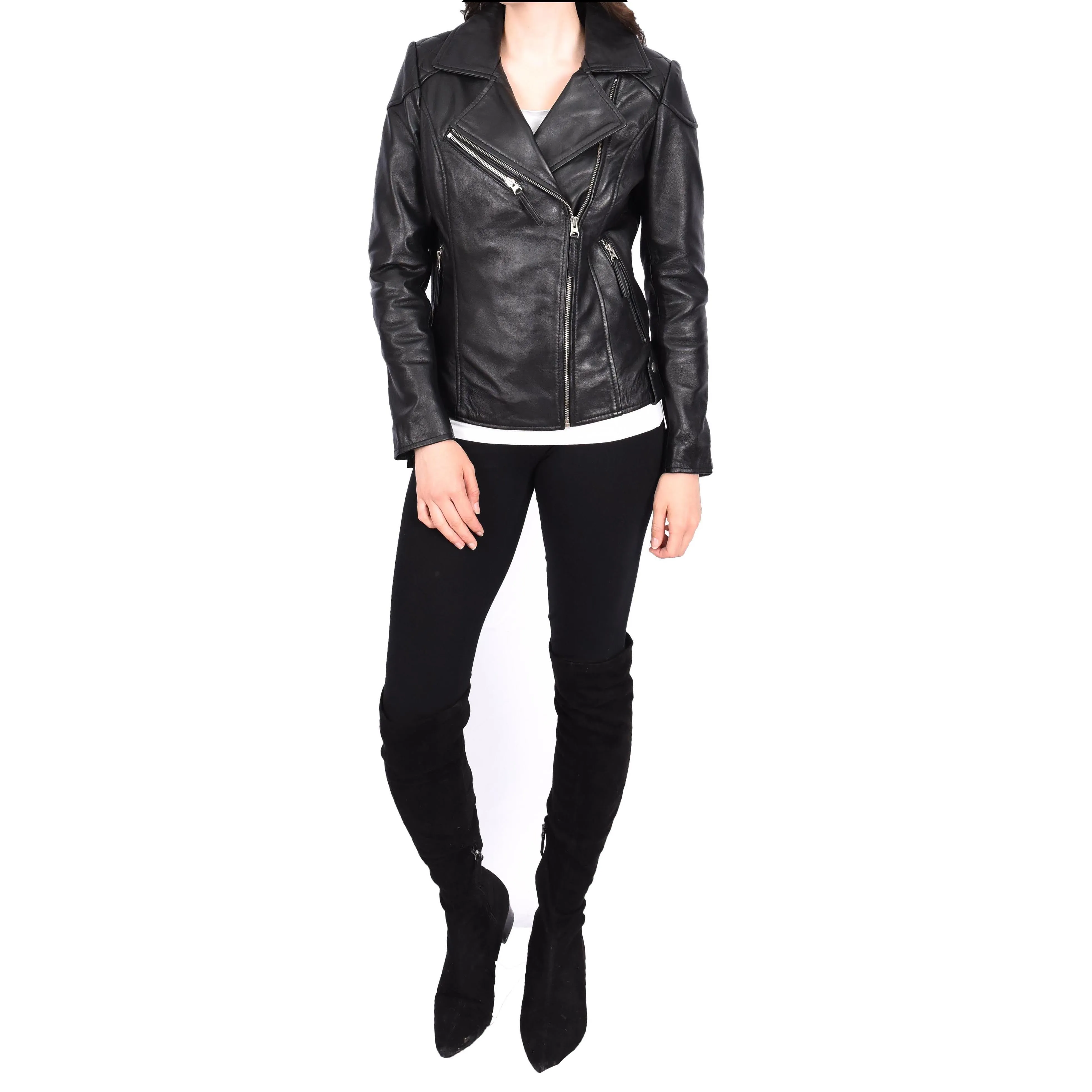 Womens Leather Biker Jacket Cross Zip Style Mona Black