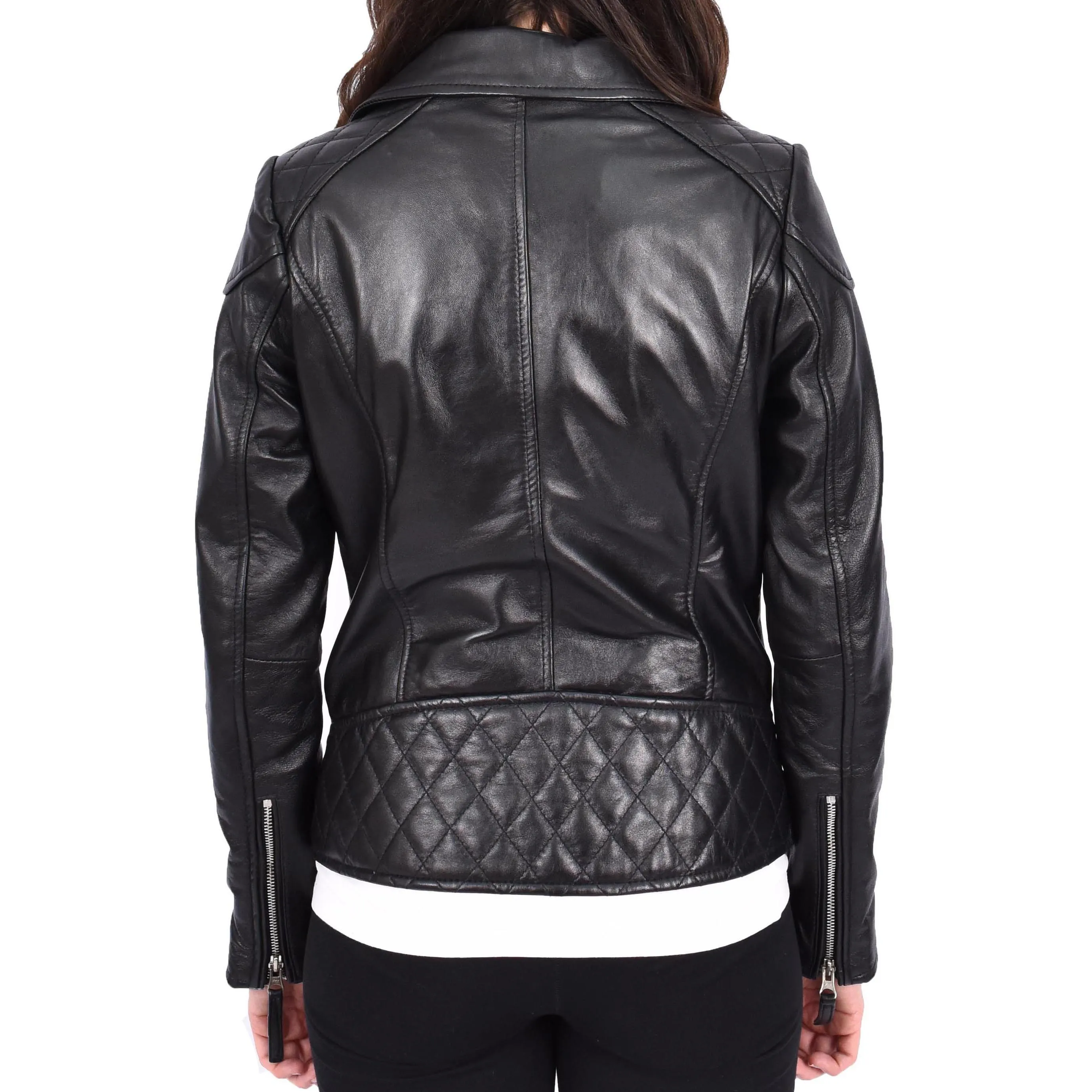 Womens Leather Biker Jacket Cross Zip Style Mona Black