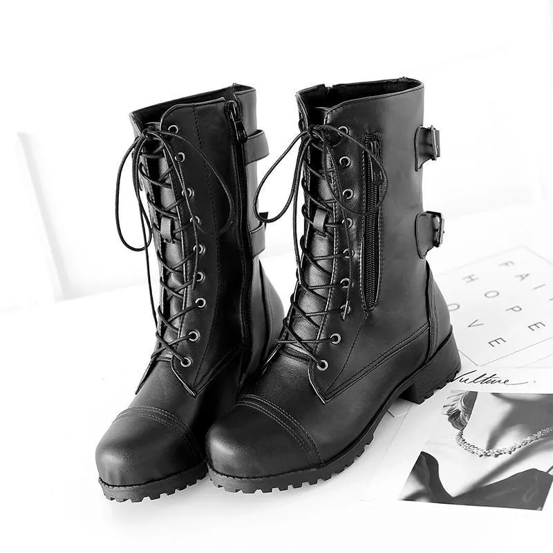 Women's mid calf combat boots chunky low heel zipper boots