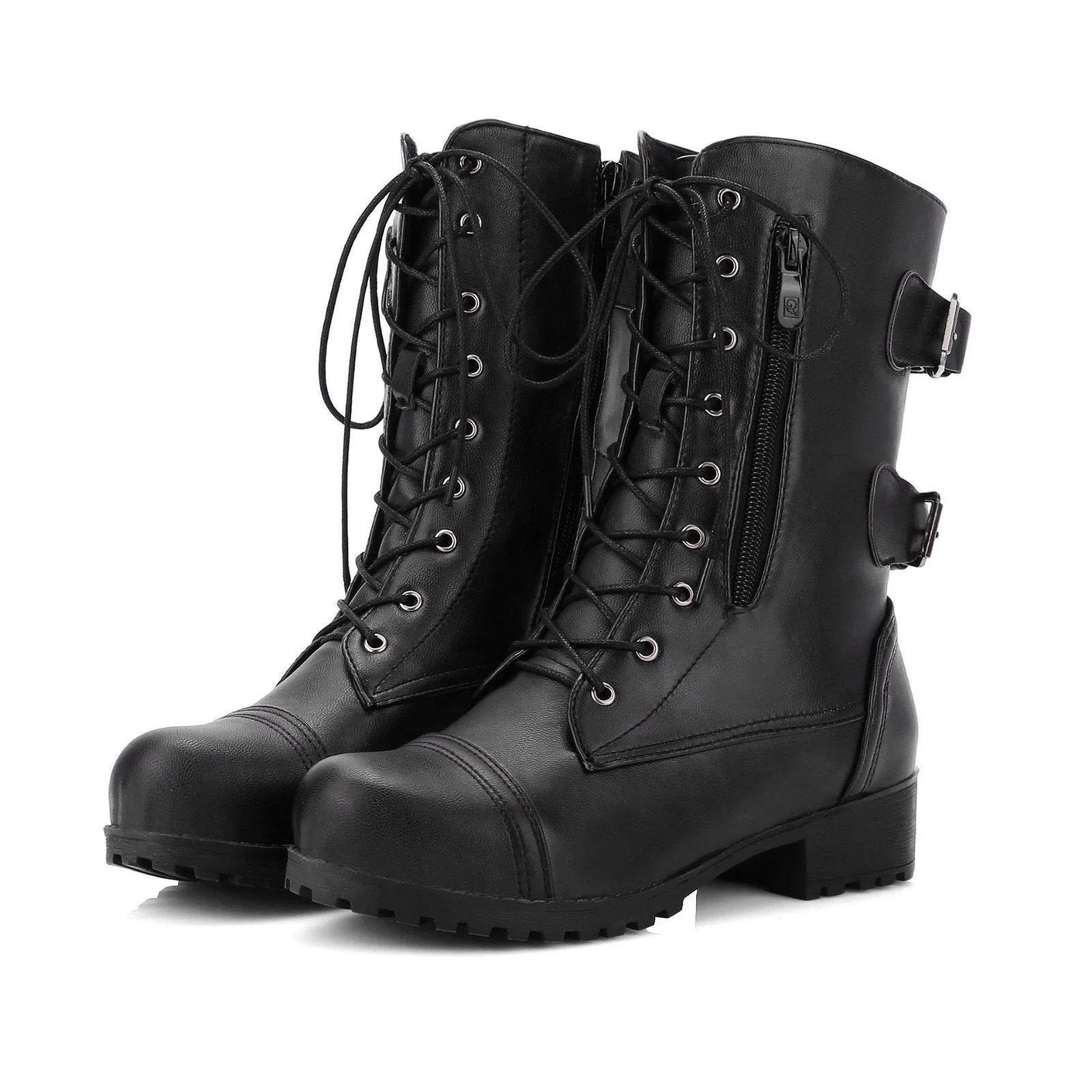 Women's mid calf combat boots chunky low heel zipper boots