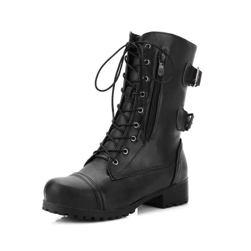 Women's mid calf combat boots chunky low heel zipper boots