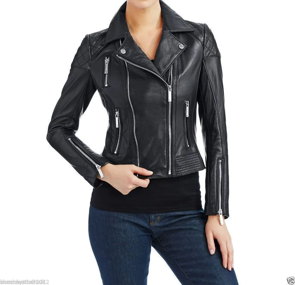 Women's Quilted Leather Motorcycle Jacket WJ044