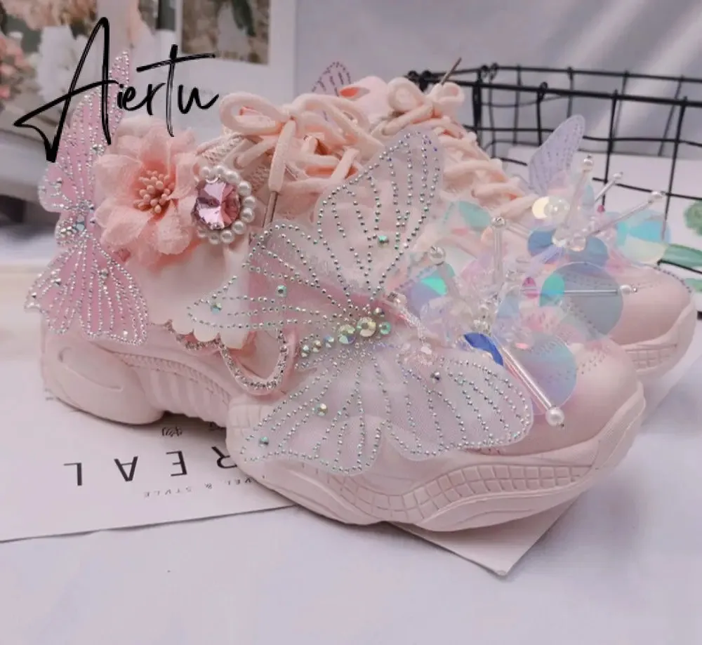 Womens Round Toe Sneakers Lace Up Rhinestones DIY Flowers Butterfly Shiny Girls Shoes Casual Sweet Pink Lolita Gift New