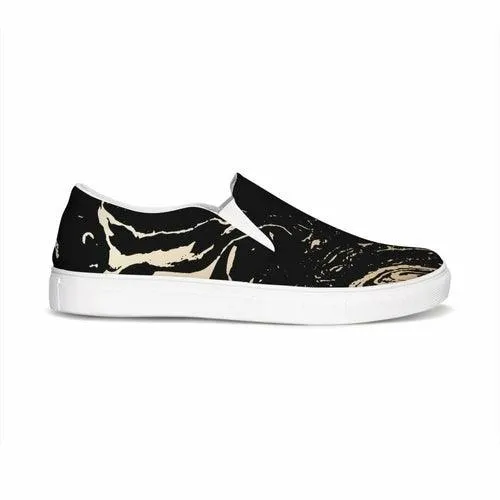 Womens Sneakers - Black & Beige Swirl Style Low Top Slip-on Canvas