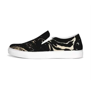 Womens Sneakers - Black & Beige Swirl Style Low Top Slip-on Canvas