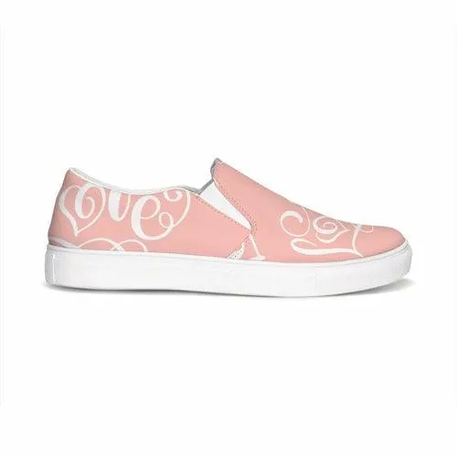 Womens Sneakers - Pink & White Love Print Low Top Slip-on Canvas Shoes