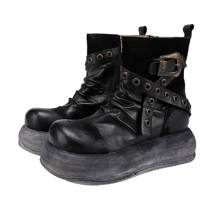 Women's Wrinkled Leather Biker Boots Rivets and Belt Decorations in Black/Gray